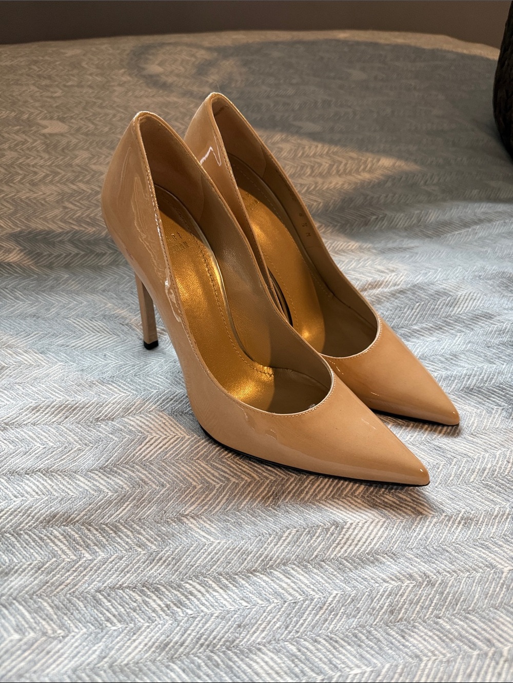 Stuart Weitzman Patent Nude Pointed-Toe Stiletto Heels